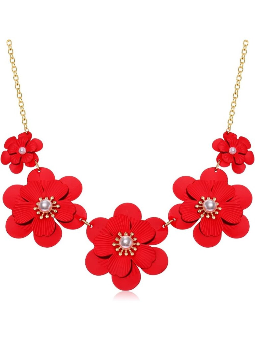 Women's Dark Red Flower Matte Enamel Pearl Charm Choker Statement Necklace